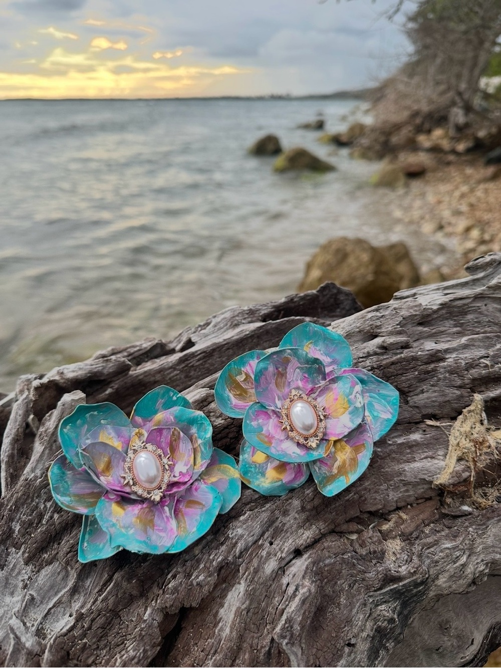 Handcrafted Floral Statement Earrings in Teal and Pink big look at 2pic.